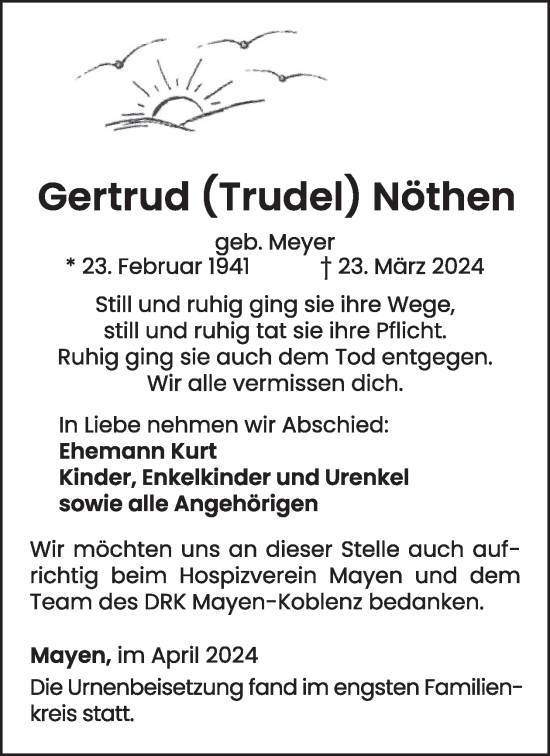 Traueranzeige von Gertrud Nöthen von WochenSpiegel