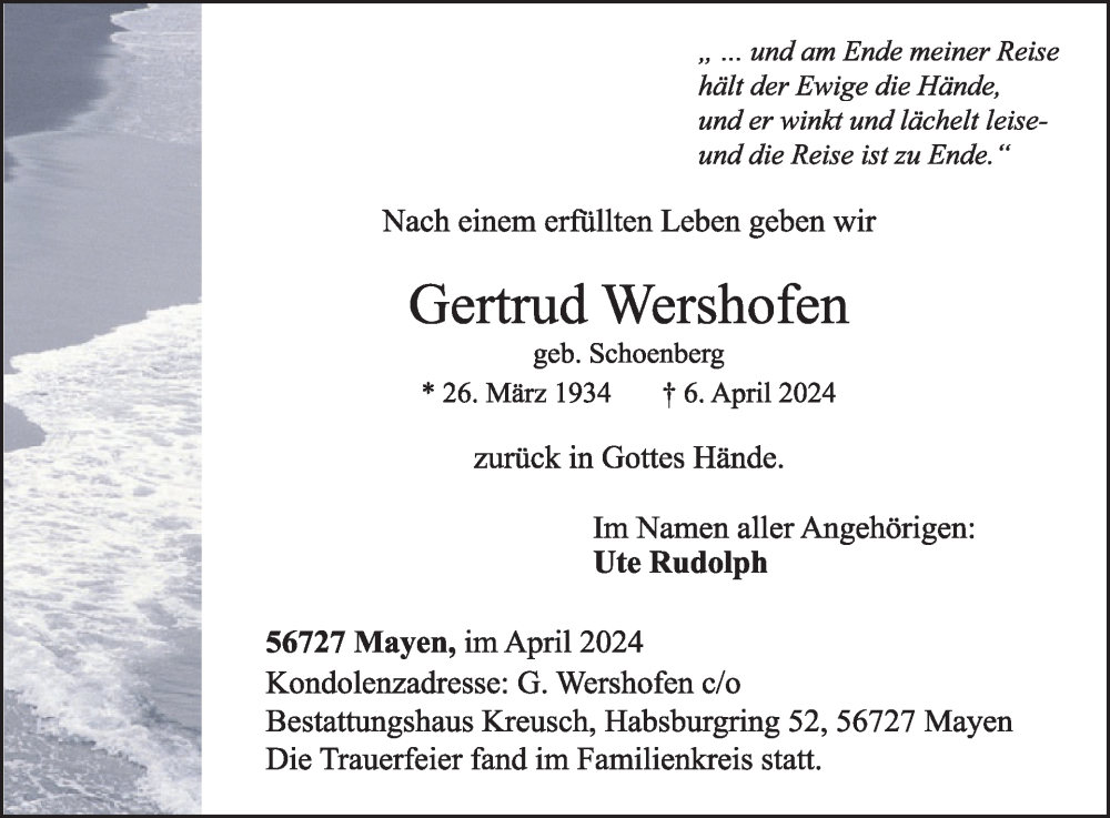  Traueranzeige für Gertrud Wershofen vom 24.04.2024 aus WochenSpiegel