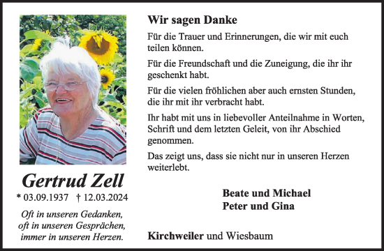 Traueranzeige von Gertrud Zell von WochenSpiegel
