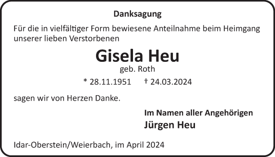 Traueranzeige von Gisela Heu von WochenSpiegel
