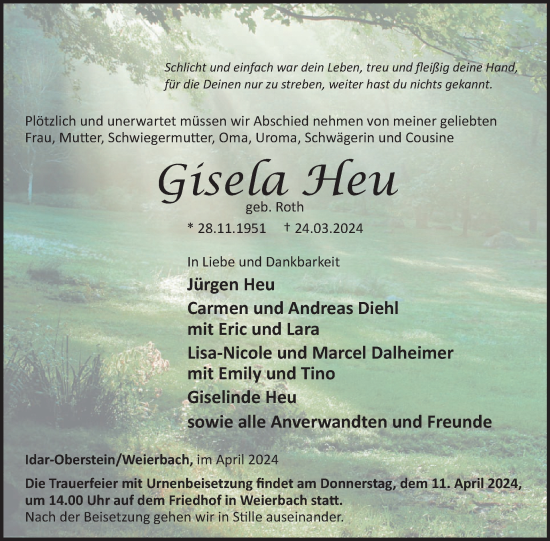 Traueranzeige von Gisela Heu von WochenSpiegel