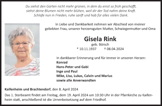 Traueranzeige von Gisela Rink von WochenSpiegel