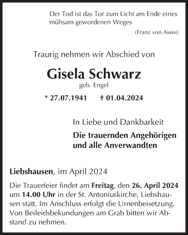  Traueranzeige für Gisela Schwarz vom 20.04.2024 aus WochenSpiegel