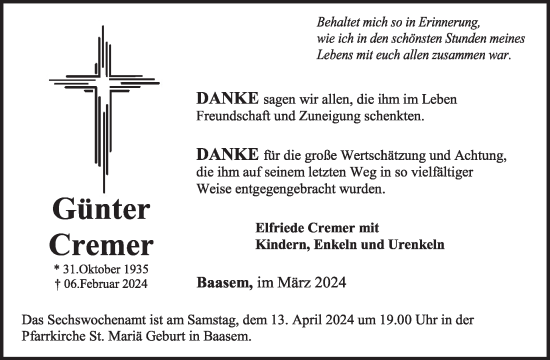 Traueranzeige von Günter Cremer von WochenSpiegel