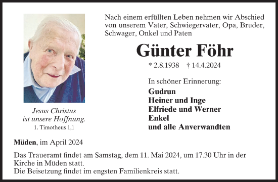 Traueranzeige von Günter Föhr von WochenSpiegel