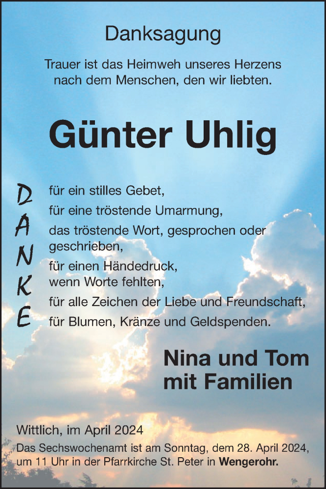  Traueranzeige für Günter Uhlig vom 19.04.2024 aus WochenSpiegel