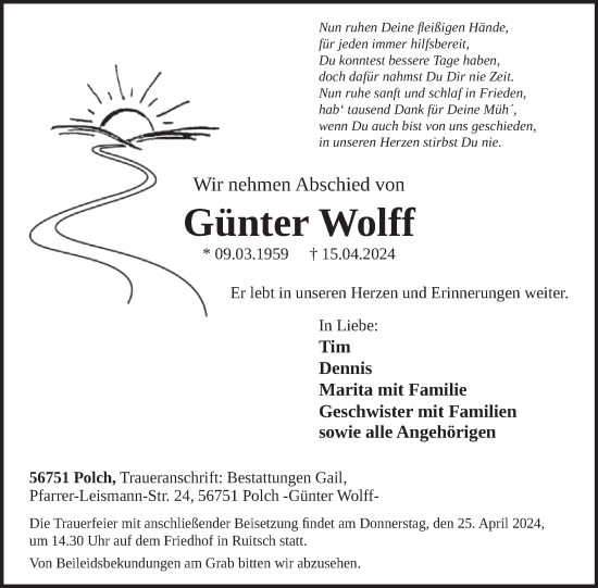 Traueranzeige von Günter Wolff von WochenSpiegel