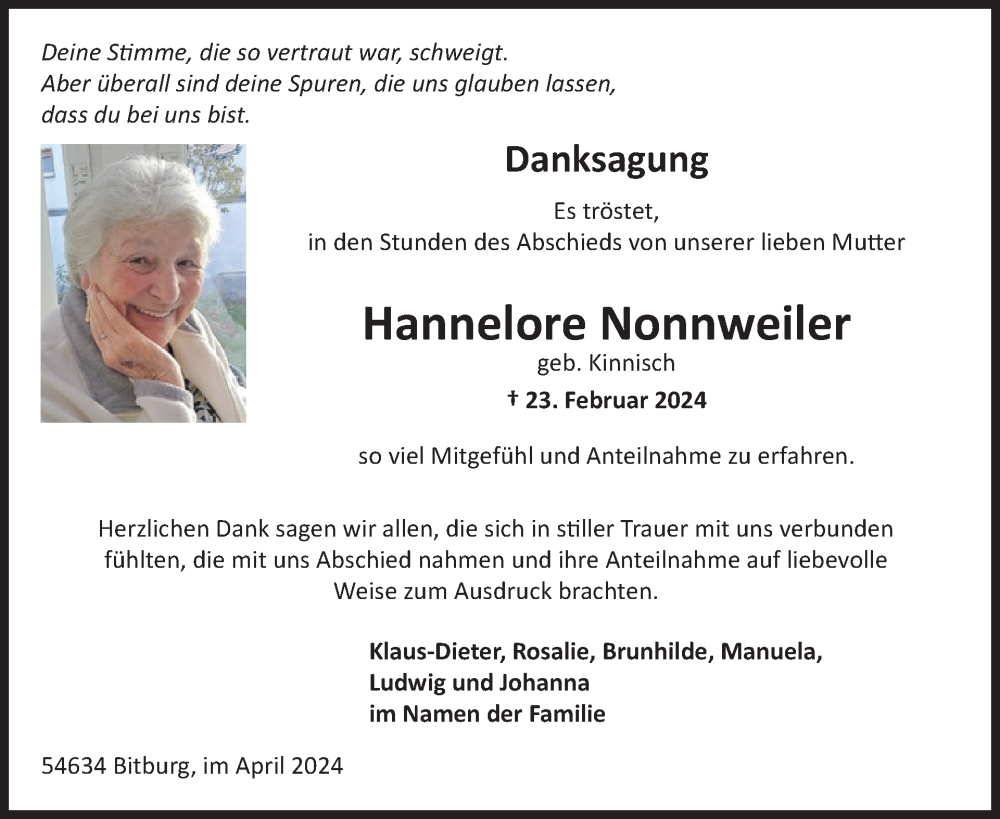  Traueranzeige für Hannelore Nonnweiler vom 19.04.2024 aus WochenSpiegel