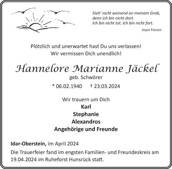 Traueranzeige von Hannelore Marianne Jäckel von WochenSpiegel
