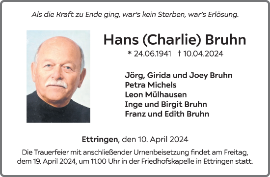 Traueranzeige von Hans Bruhn von WochenSpiegel