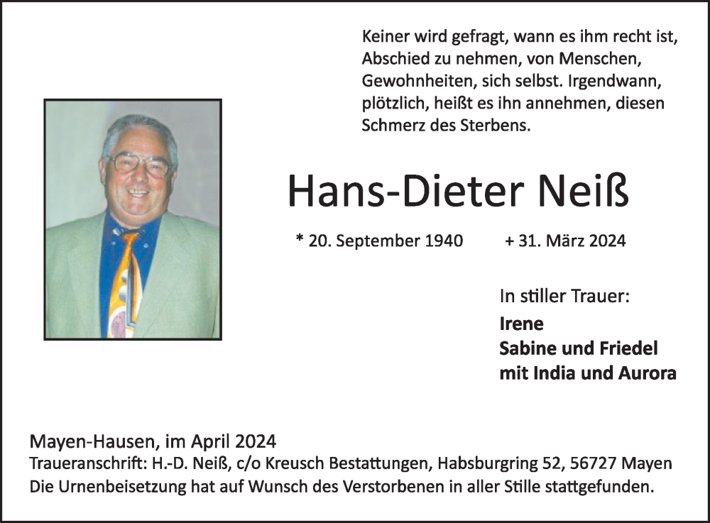  Traueranzeige für Hans-Dieter Neiß vom 17.04.2024 aus WochenSpiegel