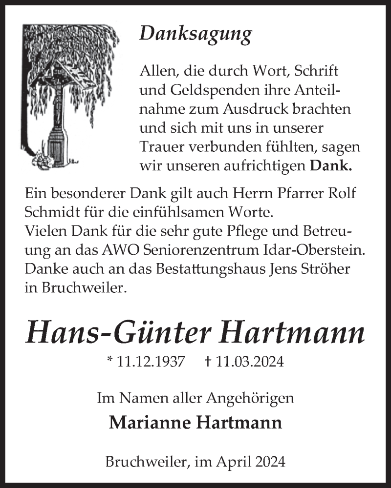  Traueranzeige für Hans-Günter Hartmann vom 27.04.2024 aus WochenSpiegel