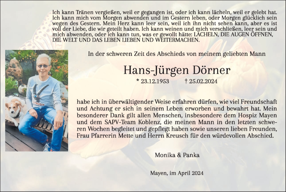  Traueranzeige für Hans-Jürgen Dörner vom 01.05.2024 aus WochenSpiegel