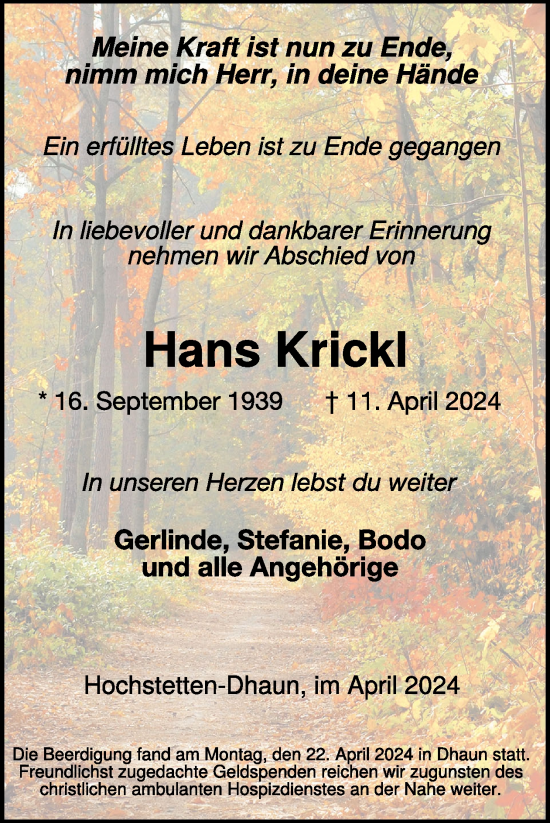 Traueranzeige von Hans Krickl von WochenSpiegel