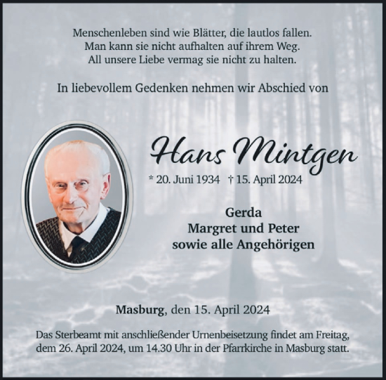 Traueranzeige von Hans Mintgen von WochenSpiegel