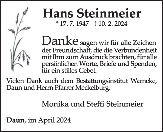Traueranzeige von Hans Steinmeier von WochenSpiegel