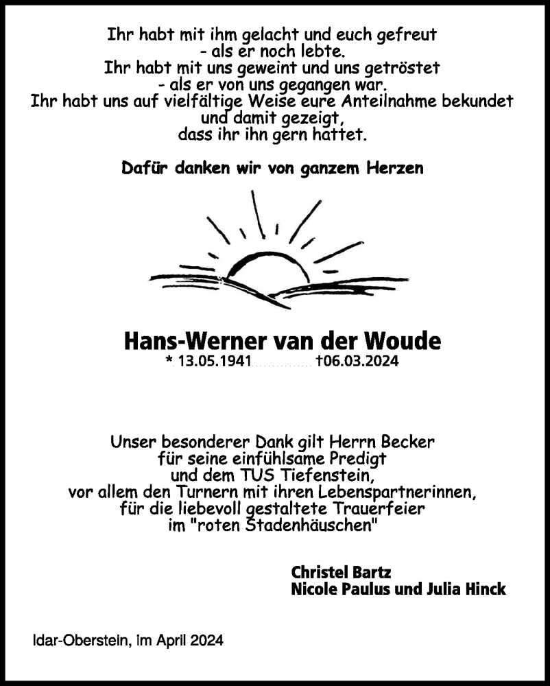 Traueranzeige für Hans-Werner van der Woude vom 13.04.2024 aus WochenSpiegel