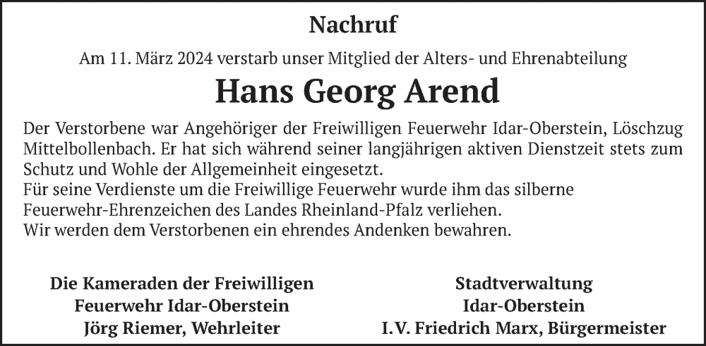  Traueranzeige für Hans Georg Arend vom 06.04.2024 aus WochenSpiegel