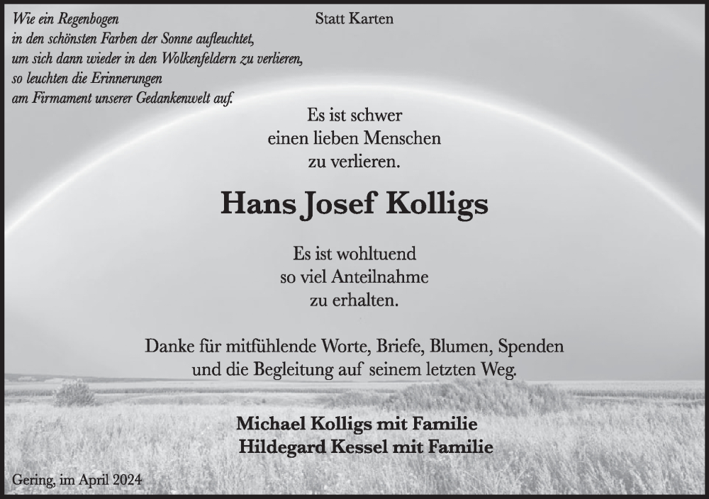  Traueranzeige für Hans Josef  Kolligs vom 17.04.2024 aus WochenSpiegel