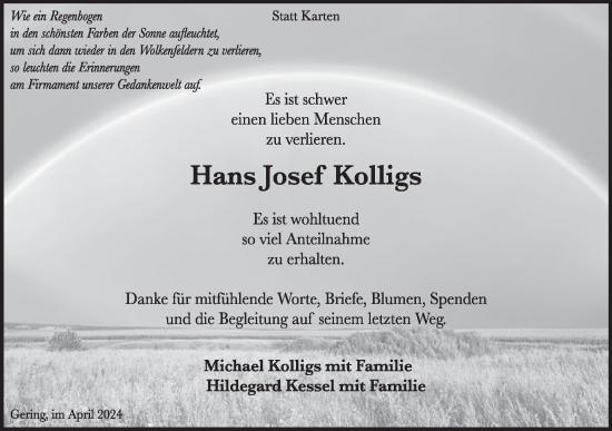 Traueranzeige von Hans Josef  Kolligs von WochenSpiegel