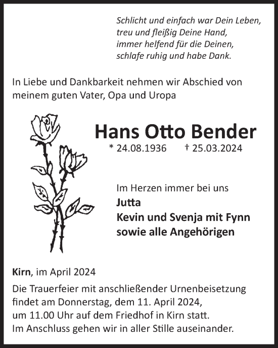 Traueranzeige von Hans Otto Bender von WochenSpiegel