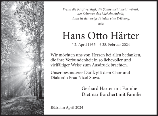 Traueranzeige von Hans Otto Härter von WochenSpiegel