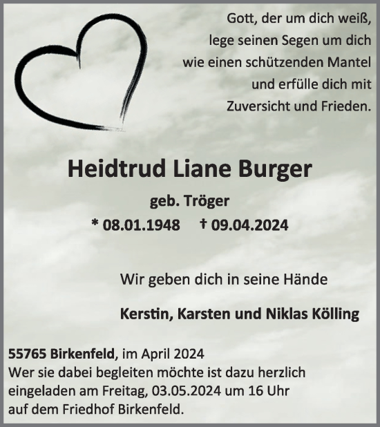 Traueranzeige von Heidtrud Liane Burger von WochenSpiegel