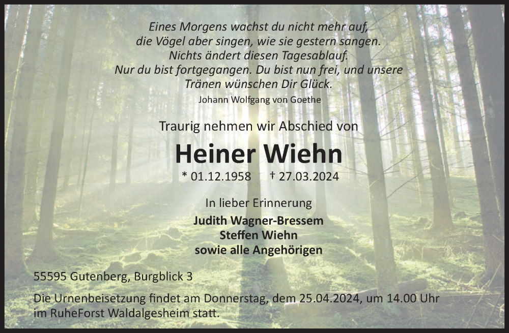  Traueranzeige für Heiner Wiehn vom 20.04.2024 aus WochenSpiegel