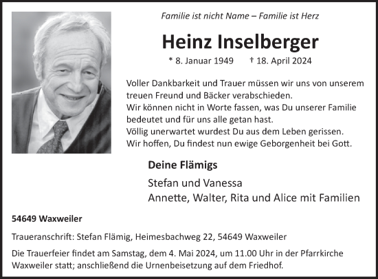 Traueranzeige von Heinz Inselberger von WochenSpiegel