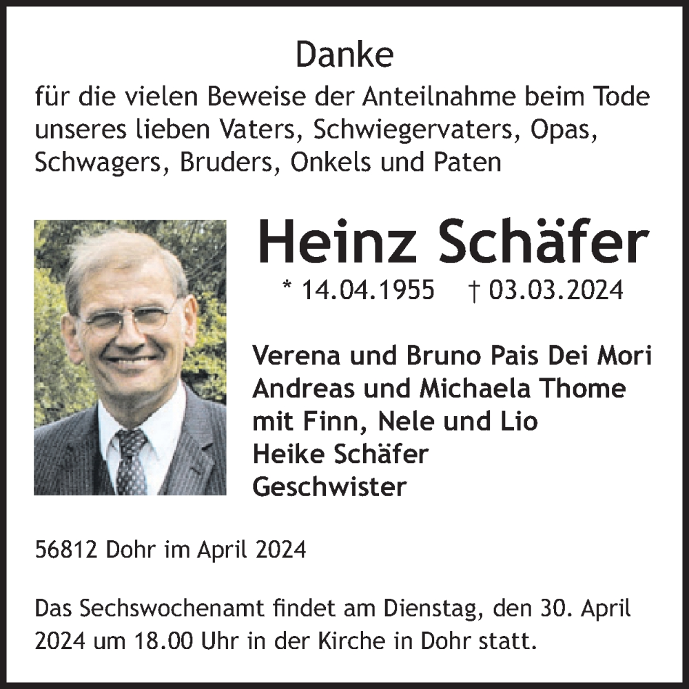  Traueranzeige für Heinz Schäfer vom 24.04.2024 aus WochenSpiegel