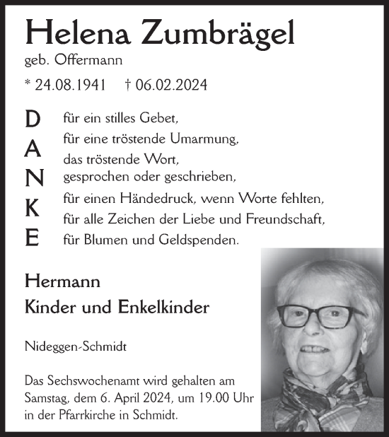Traueranzeige von Helena Zumbrägel von WochenSpiegel