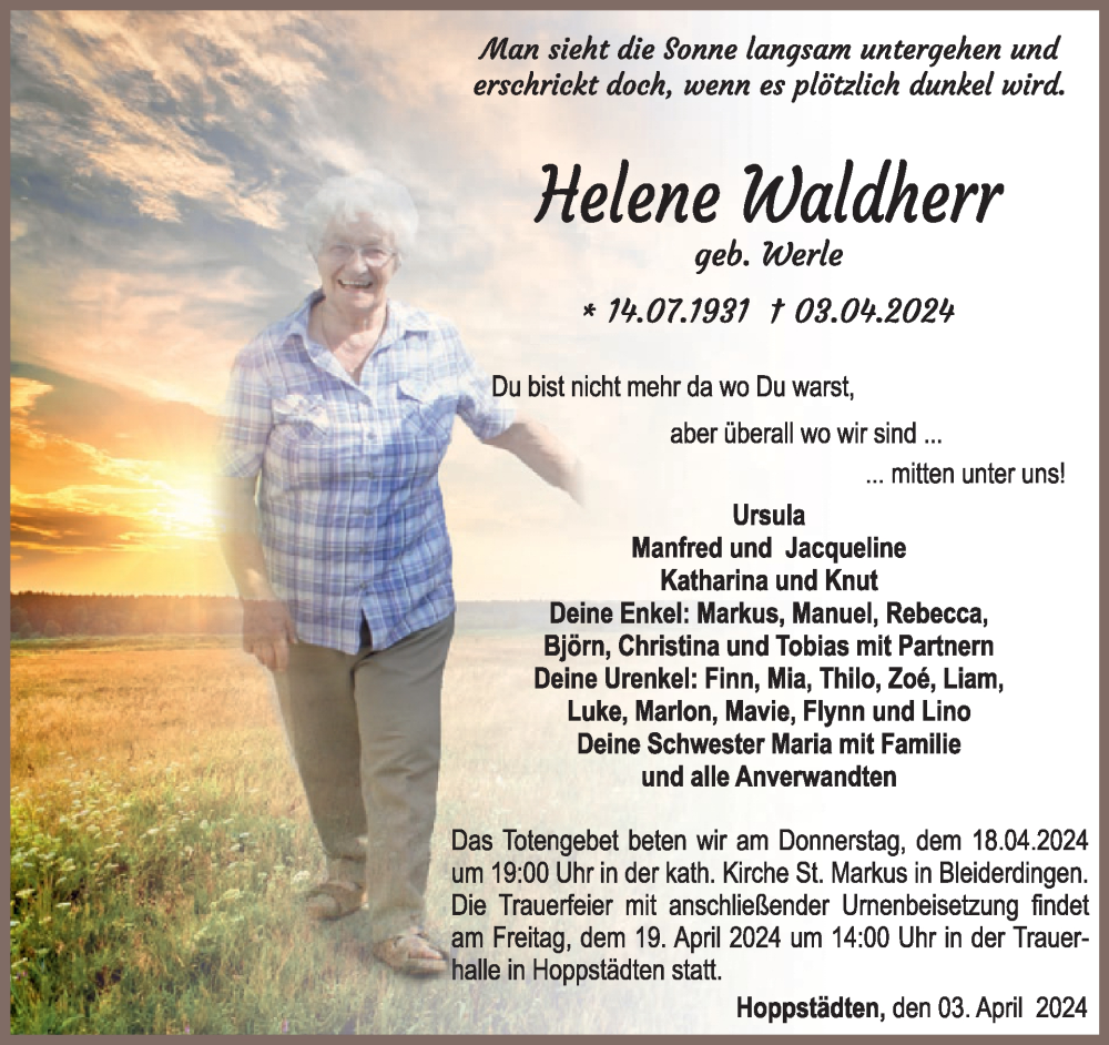  Traueranzeige für Helene Waldherr vom 13.04.2024 aus WochenSpiegel
