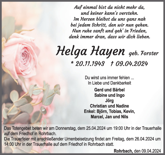 Traueranzeige von Helga Hayen von WochenSpiegel