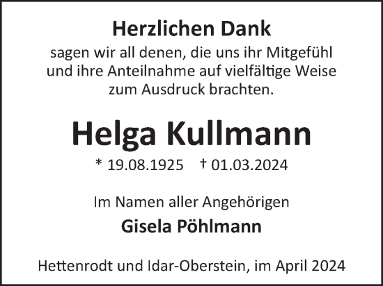 Traueranzeige von Helga Kullmann von WochenSpiegel