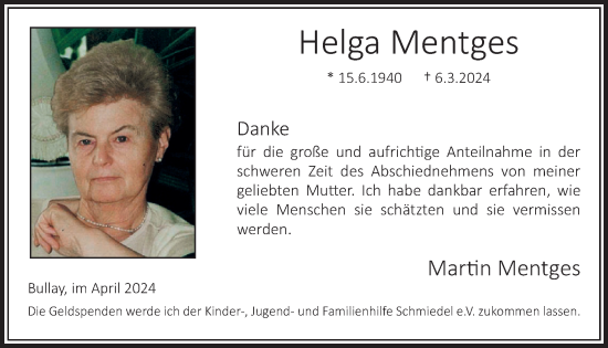 Traueranzeige von Helga Mentges von WochenSpiegel