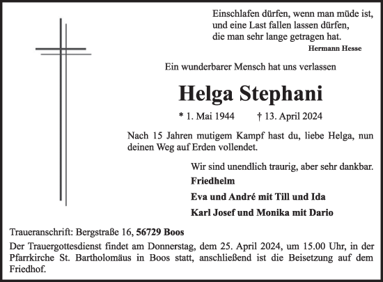 Traueranzeige von Helga Stephani von WochenSpiegel