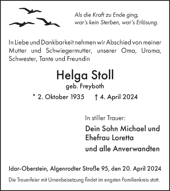 Traueranzeige von Helga Stoll von WochenSpiegel