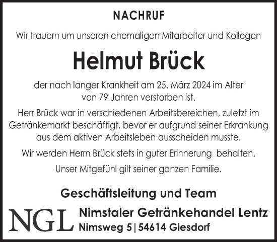 Traueranzeige von Helmut Brück von WochenSpiegel