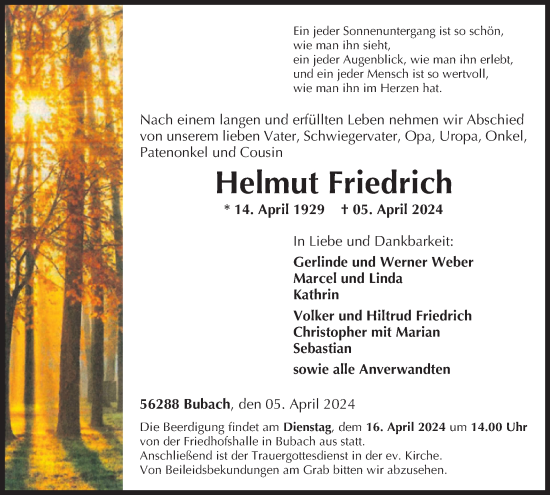 Traueranzeige von Helmut Friedrich von WochenSpiegel