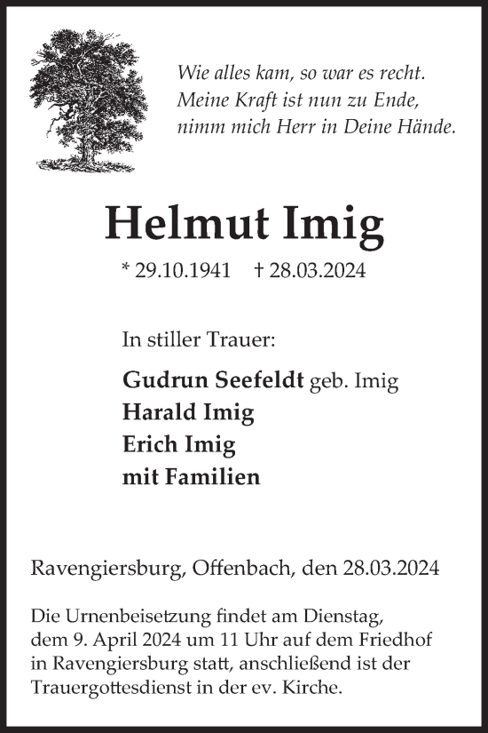 Traueranzeige von Helmut Imig von WochenSpiegel