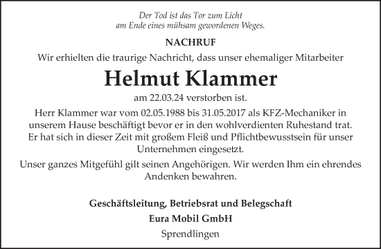 Traueranzeige von Helmut Klammer von WochenSpiegel
