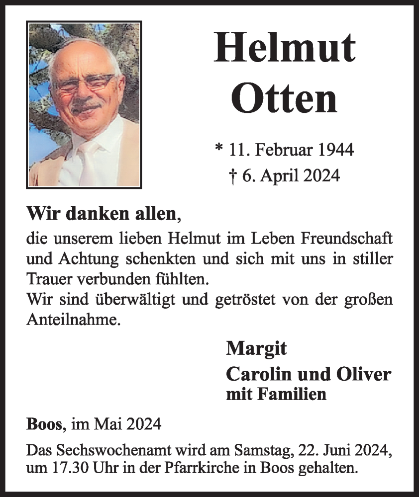  Traueranzeige für Helmut Otten vom 01.05.2024 aus WochenSpiegel