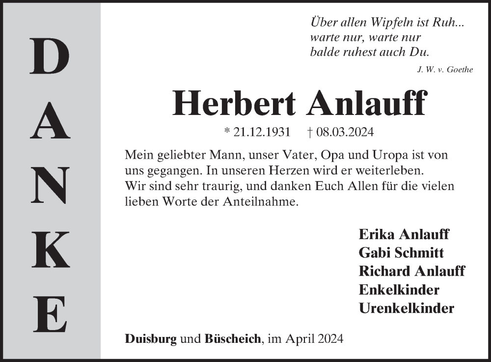  Traueranzeige für Herbert Anlauff vom 13.04.2024 aus WochenSpiegel