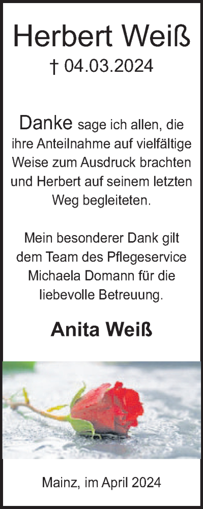 Traueranzeige von Herbert Weiß von WochenSpiegel