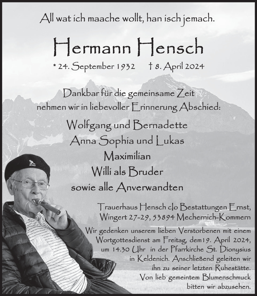  Traueranzeige für Hermann Hensch vom 17.04.2024 aus WochenSpiegel