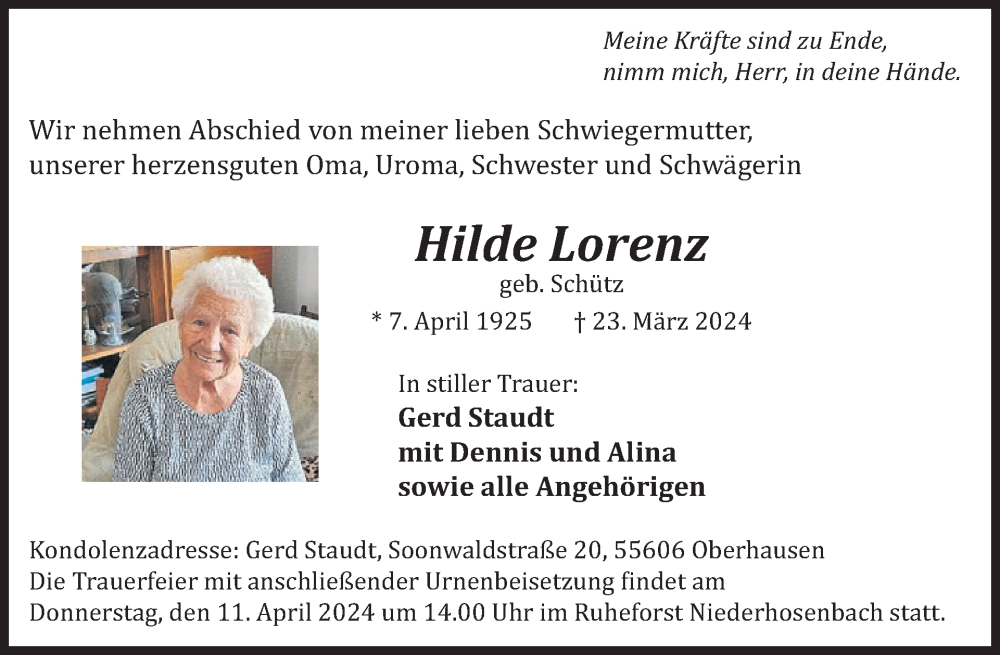  Traueranzeige für Hilde Lorenz vom 06.04.2024 aus WochenSpiegel