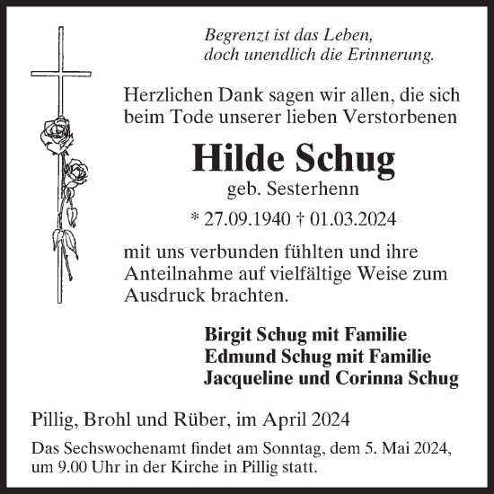 Traueranzeige von Hilde Schug von WochenSpiegel