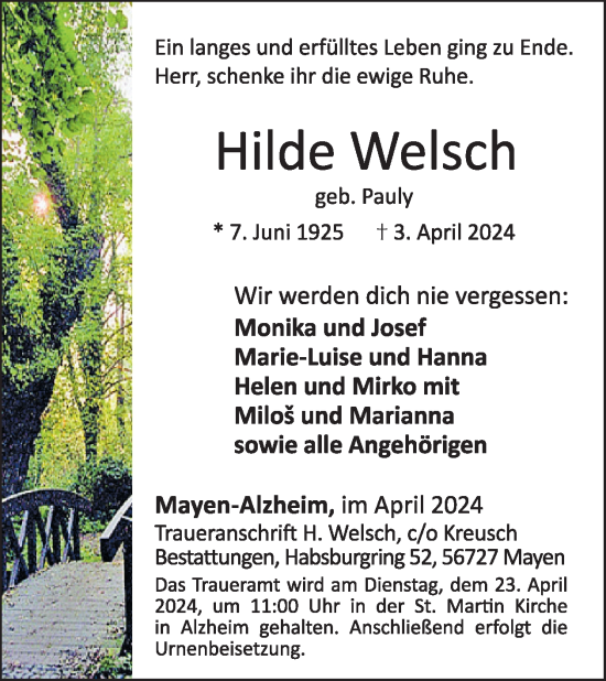Traueranzeige von Hilde Welsch von WochenSpiegel