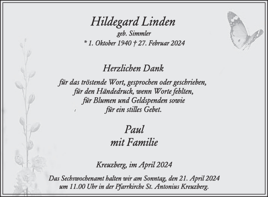 Traueranzeige von Hildegard Linden von WochenSpiegel