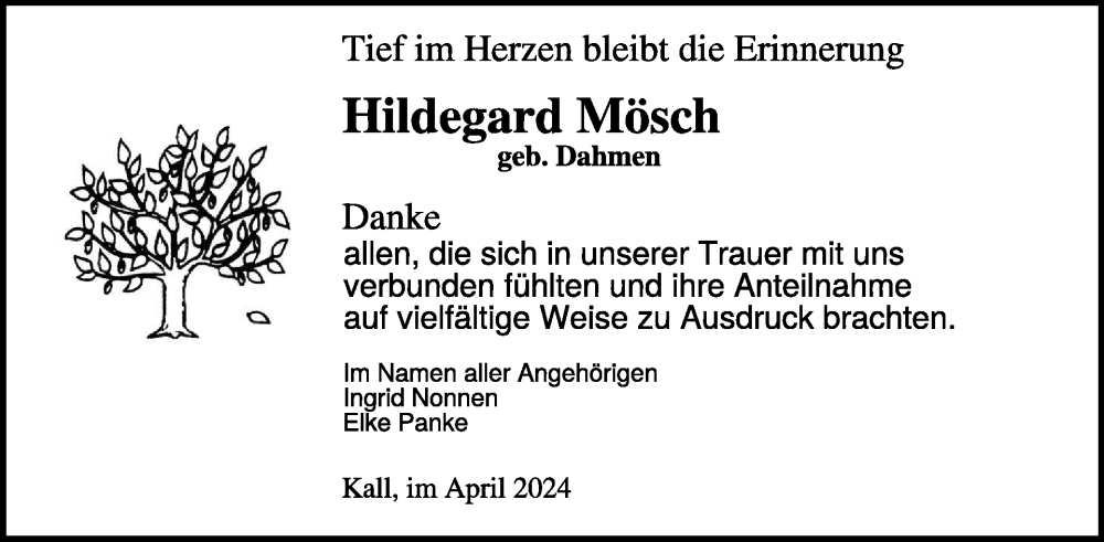  Traueranzeige für Hildegard Mösch vom 17.04.2024 aus WochenSpiegel
